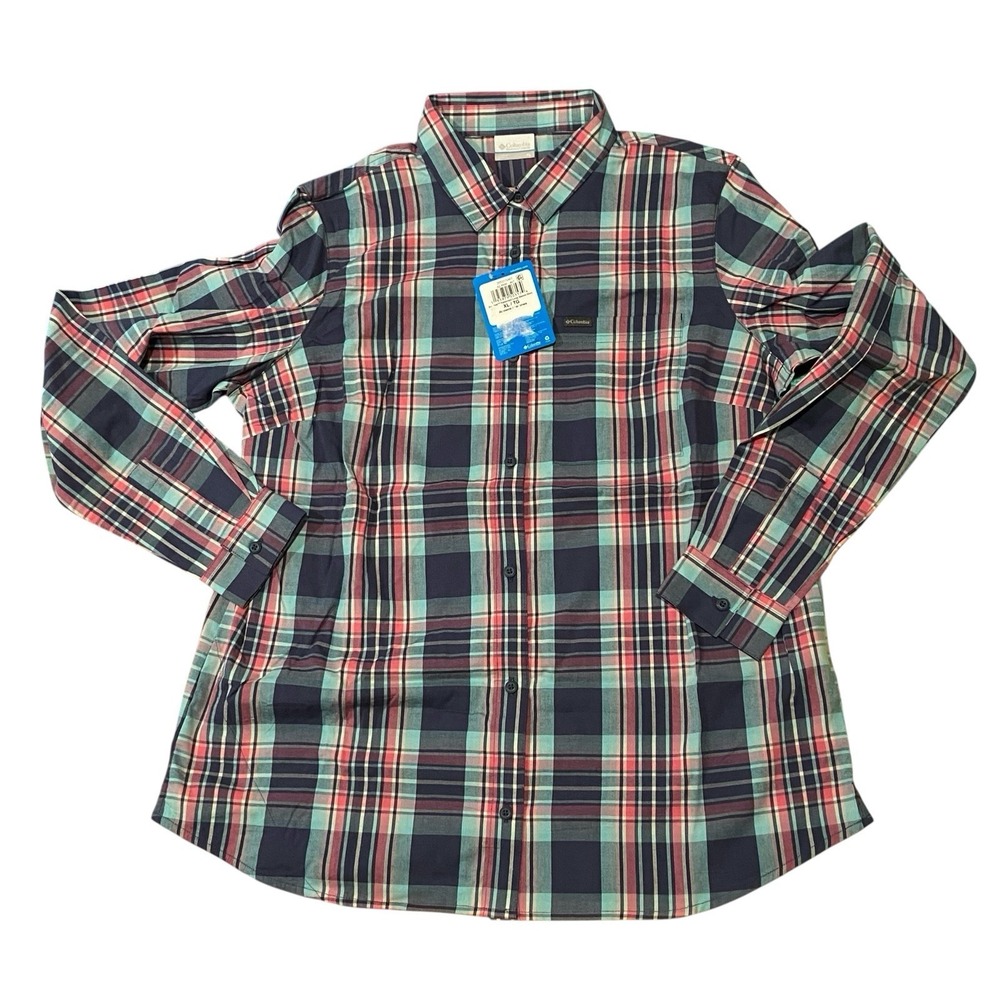 Columbia Women's XL Button Down 100% Cotton Plaid Shirt Longsleeve Blue & Pink